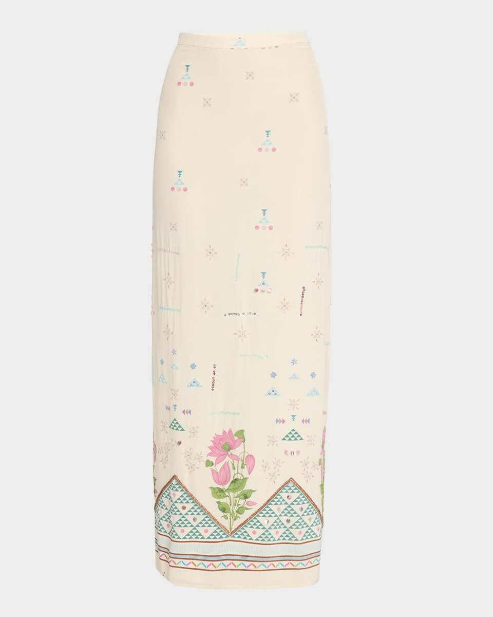 Laurelle Geo Floral-Print Silk Maxi Skirt